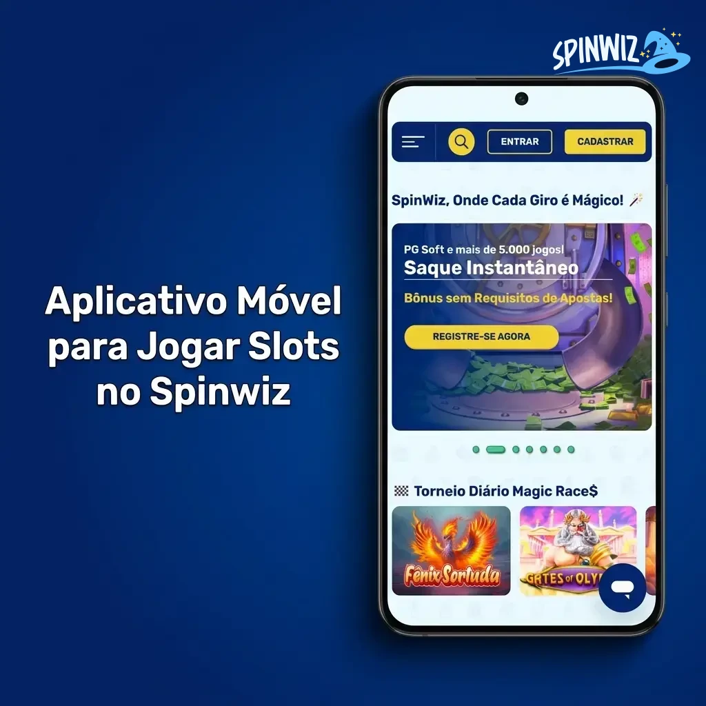 Aplicativo móvel Spinwiz para jogar slots com mais de 3.000 caça-níqueis no celular Android e iOS.