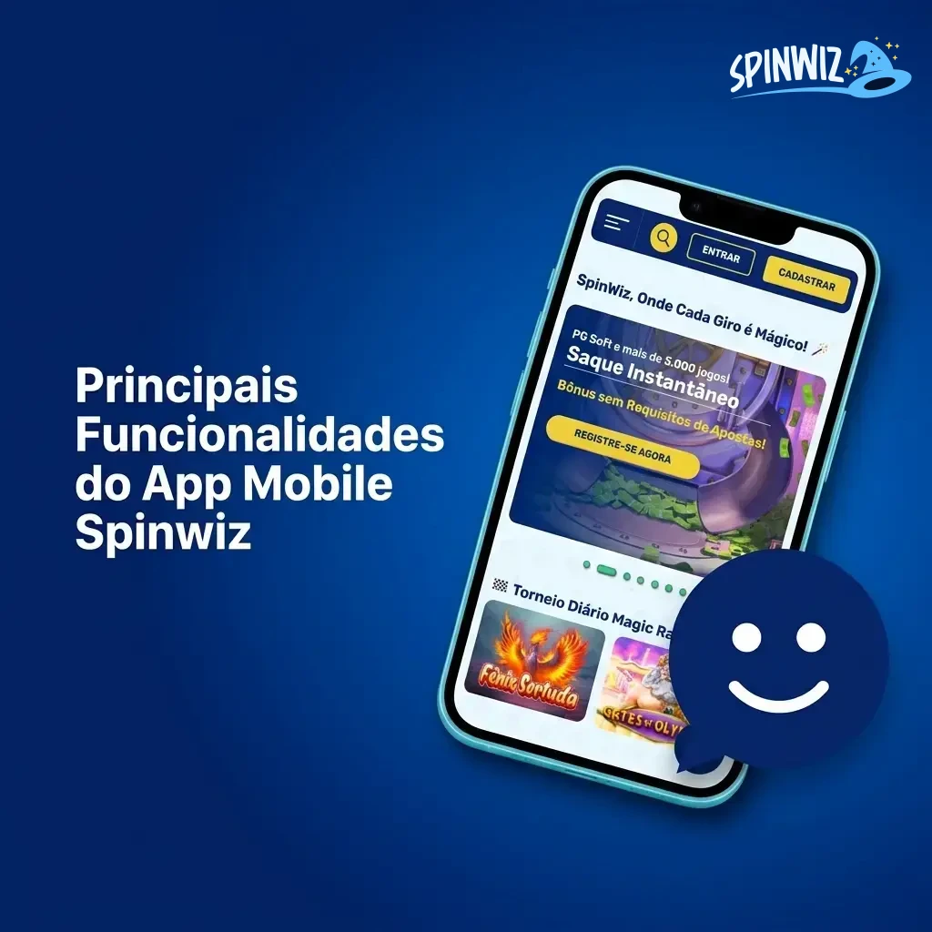 Interface do app mobile Spinwiz com funcionalidades como Pix, suporte em BRL, slots e apostas ao vivo.