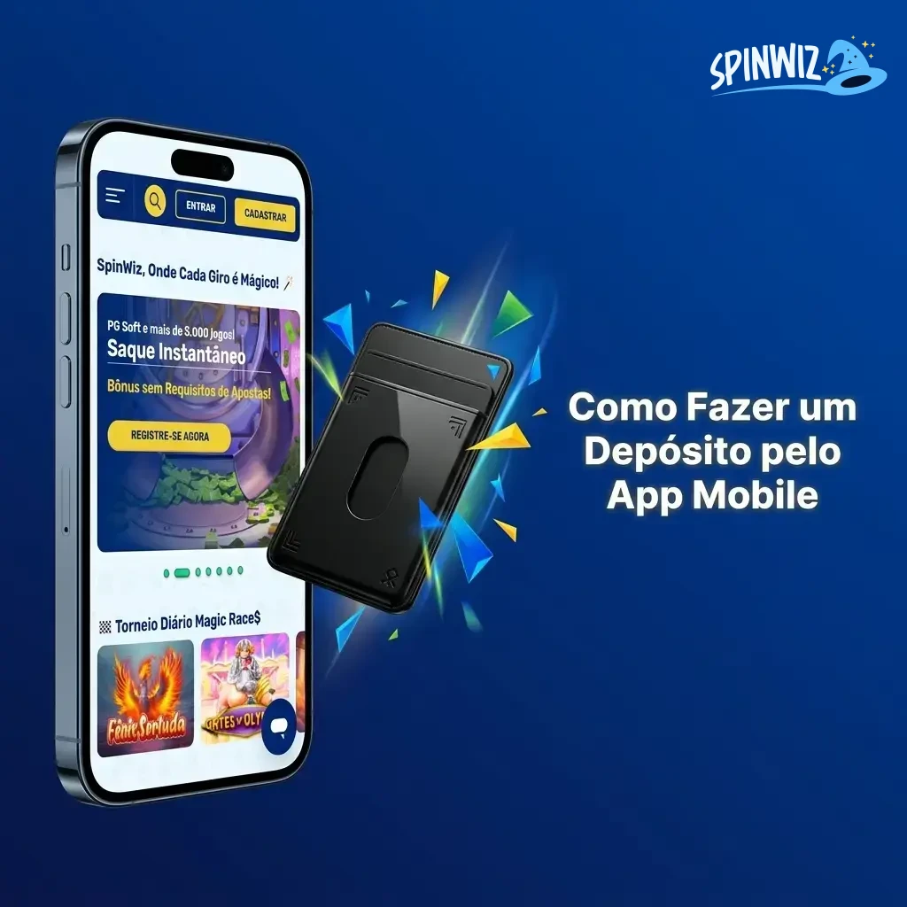 Passo a passo para fazer depósito via Pix no app mobile do Spinwiz com QR Code e chave Pix.