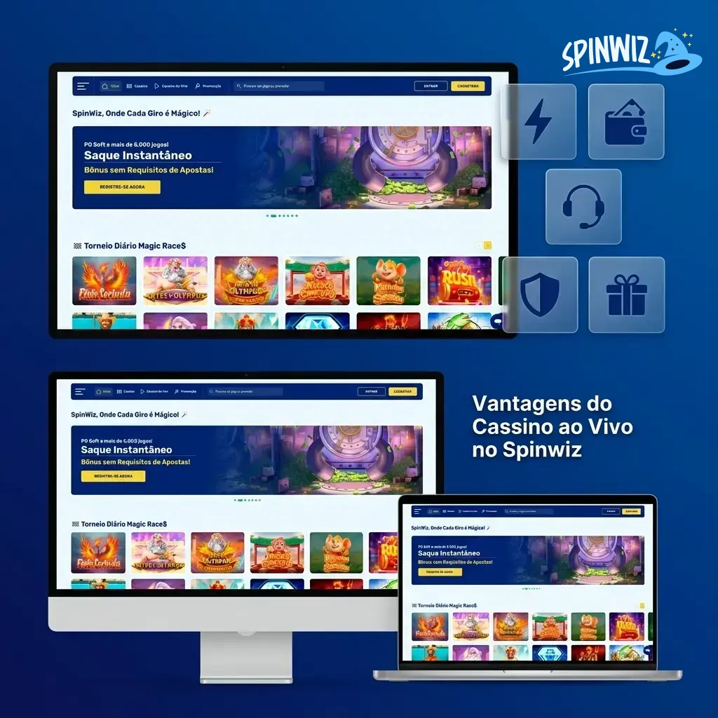 Cassino ao vivo Spinwiz com dealers profissionais, mesas variadas, Pix, app móvel e provedores Evolution e Pragmatic Play.