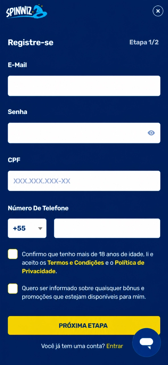 Spinwiz faça cadastro rápido e comece a jogar em poucos instantes.