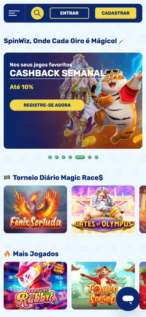 Spinwiz acesse o início e navegue rápido pelos jogos favoritos sem complicações.