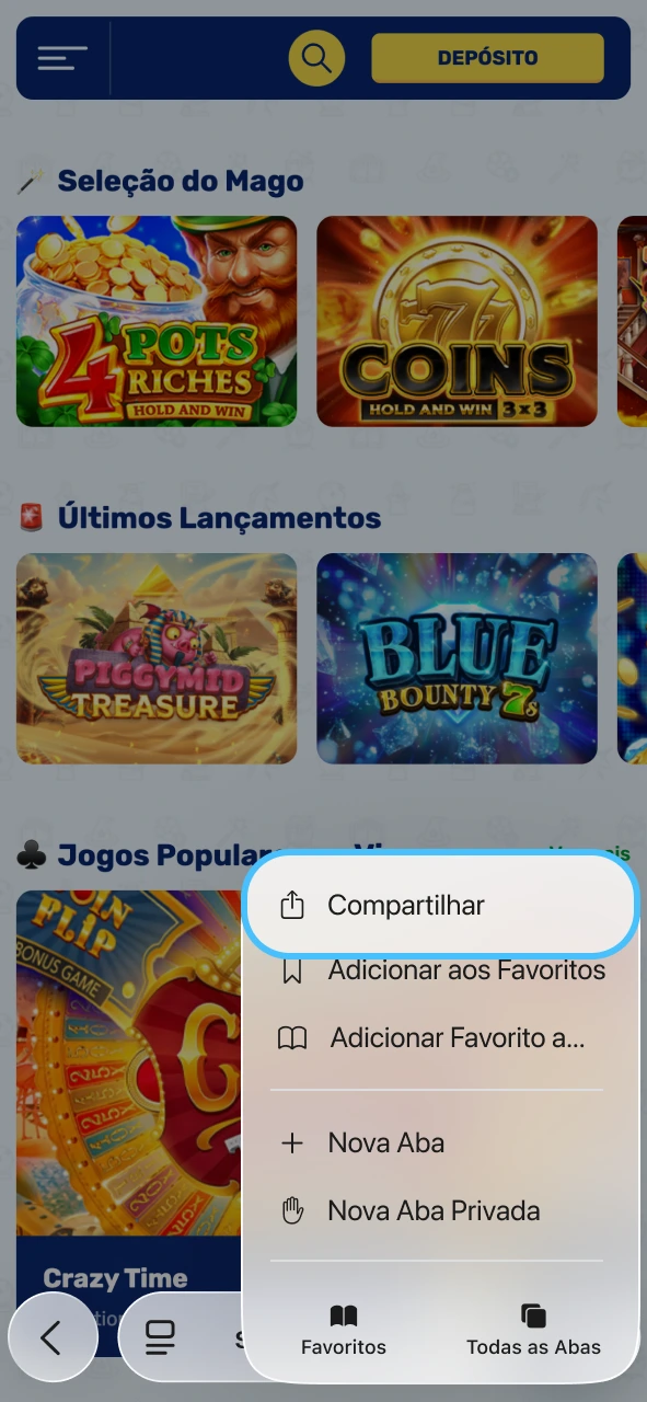 Spinwiz abra o menu compartilhar e continue com instalação simplificada.