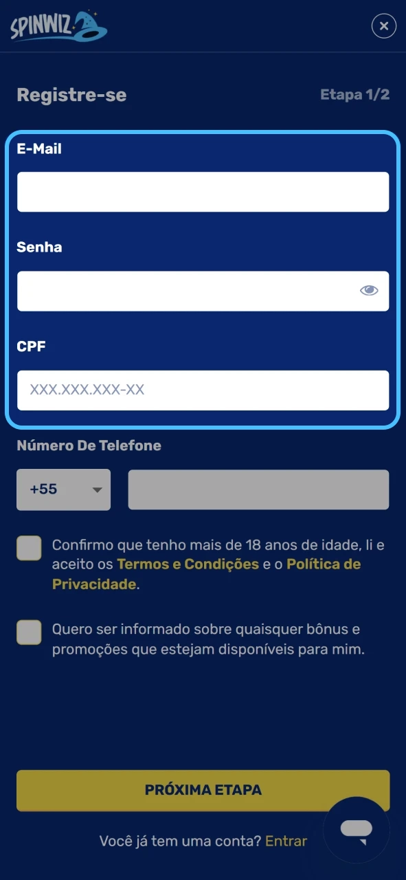 Spinwiz insira informações pessoais e finalize cadastro sem complicações.