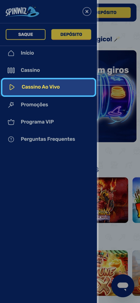 Spinwiz entre na seção ao vivo e escolha jogos com interação real.