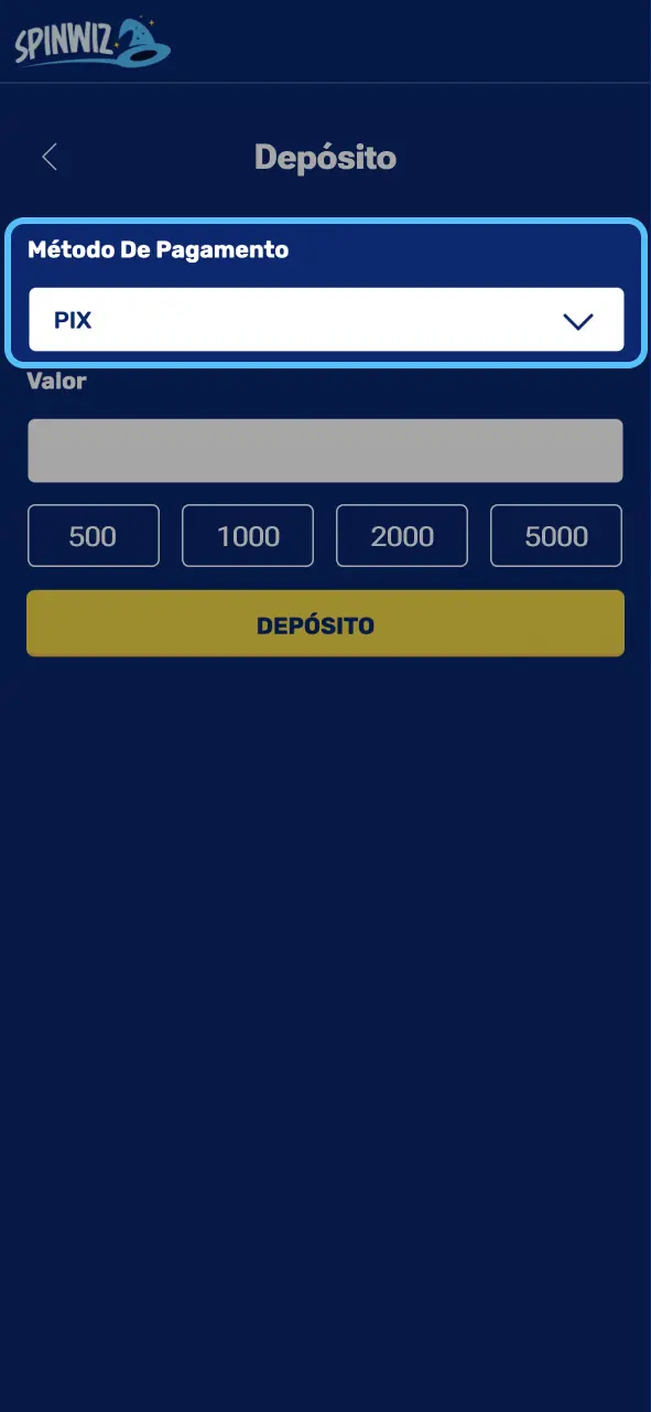 Spinwiz use Pix e adicione saldo com confirmação quase instantânea.