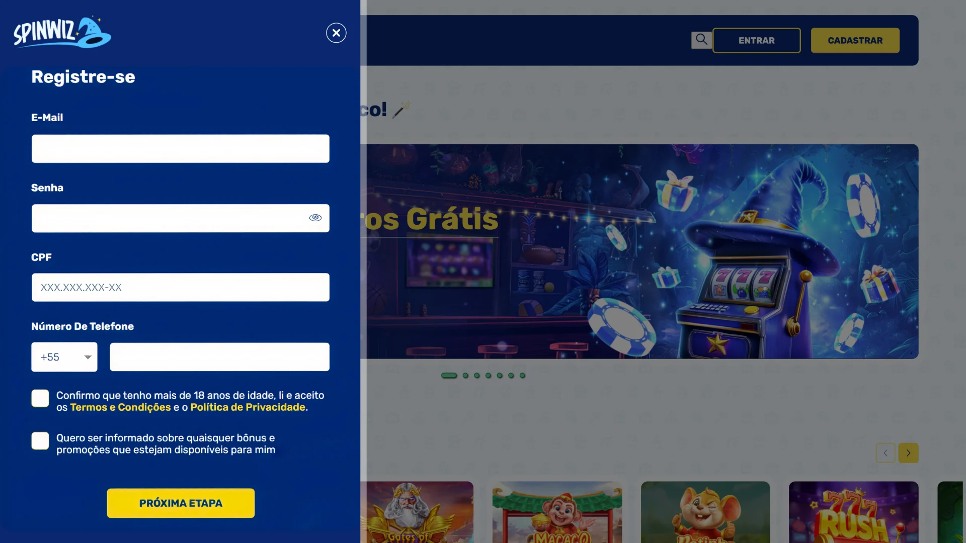 SpinWiz crie seu acesso e comece sua jornada sem complicações.