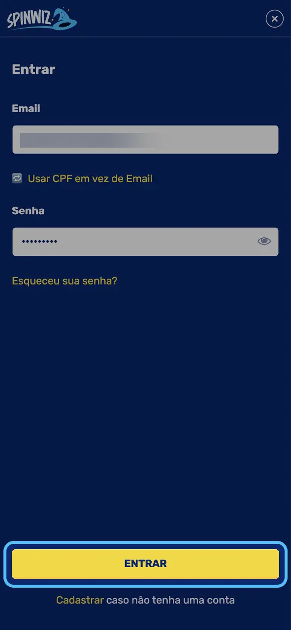 Spinwiz acesse sua conta e prepare o ambiente para adicionar saldo.