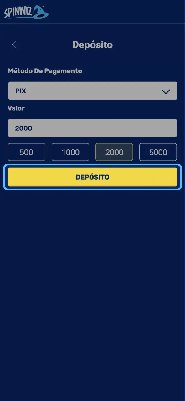 Spinwiz finalize via Pix e receba saldo quase imediatamente.