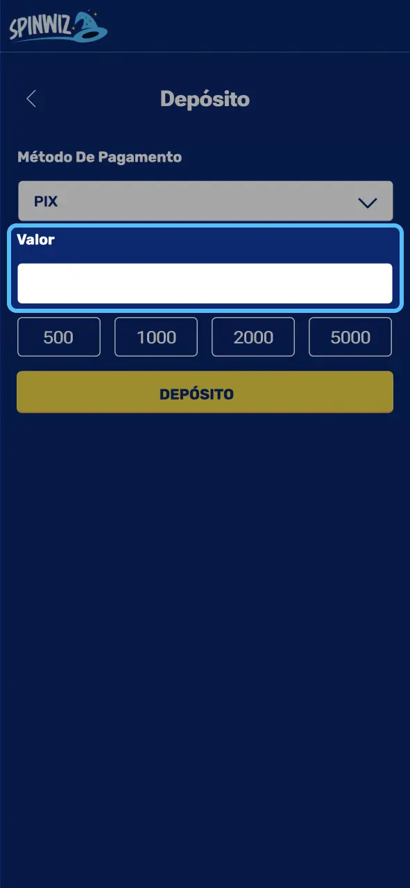 Spinwiz escolha quanto depositar e confirme os detalhes informados.
