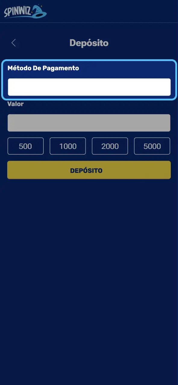 Spinwiz selecione Pix e utilize um método ágil para depósito.