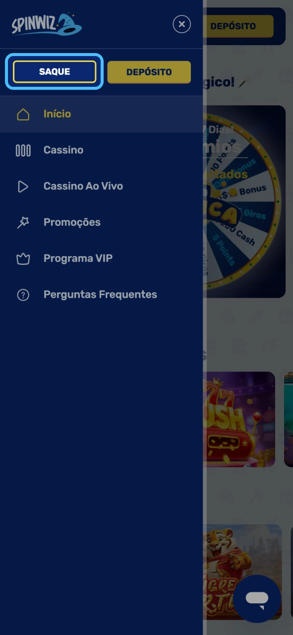 Spinwiz abra a seção de saque e visualize opções para retirada.
