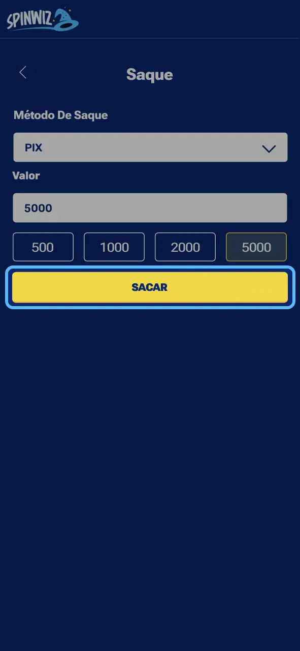 Spinwiz confirme saque e aguarde transferência para sua conta.