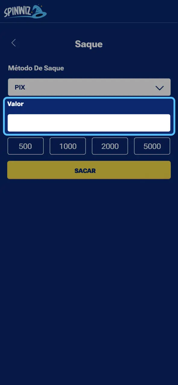 Spinwiz defina valor de saque e ajuste conforme seu saldo disponível.