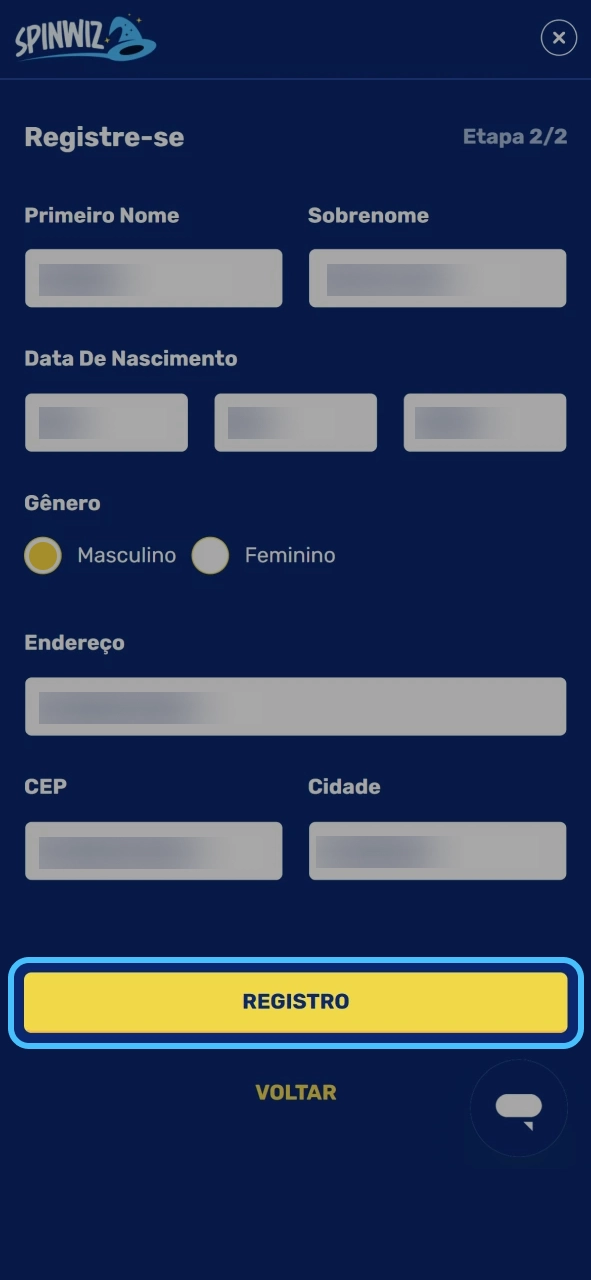 Spinwiz finalize cadastro e libere acesso às promoções disponíveis.