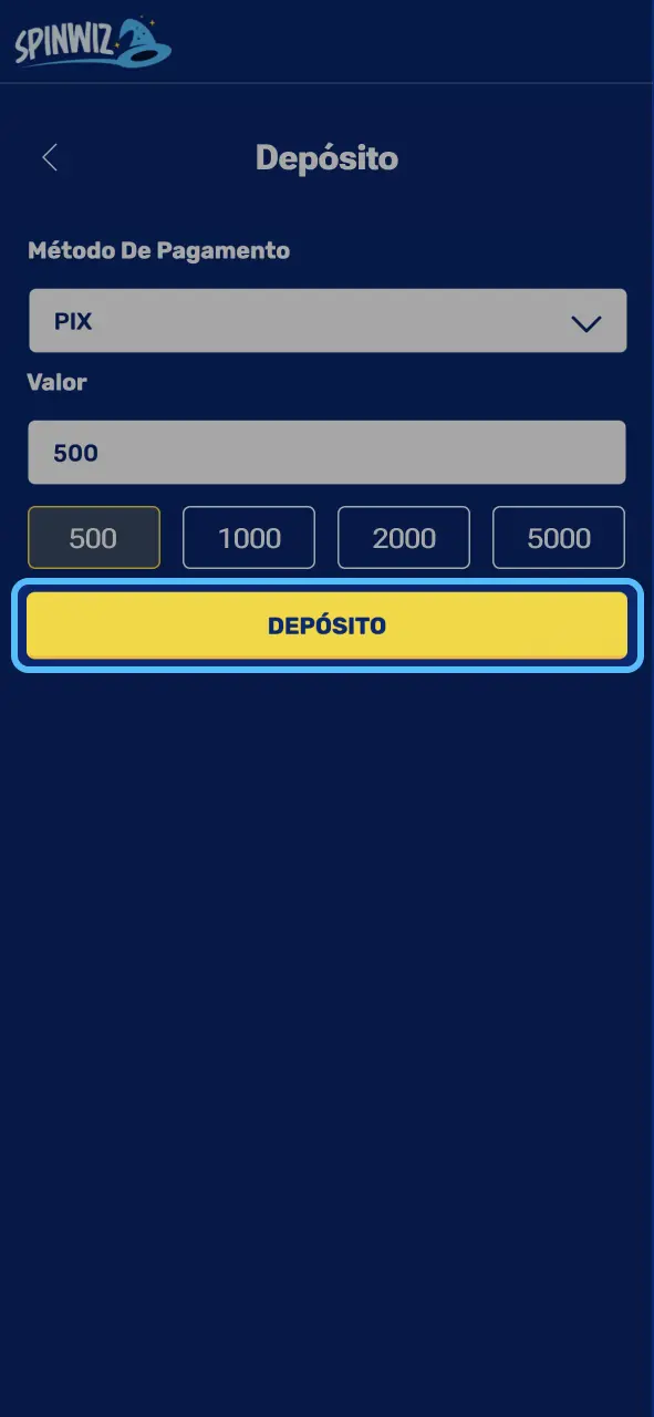 Spinwiz realize depósito e prepare ativação de benefícios disponíveis.